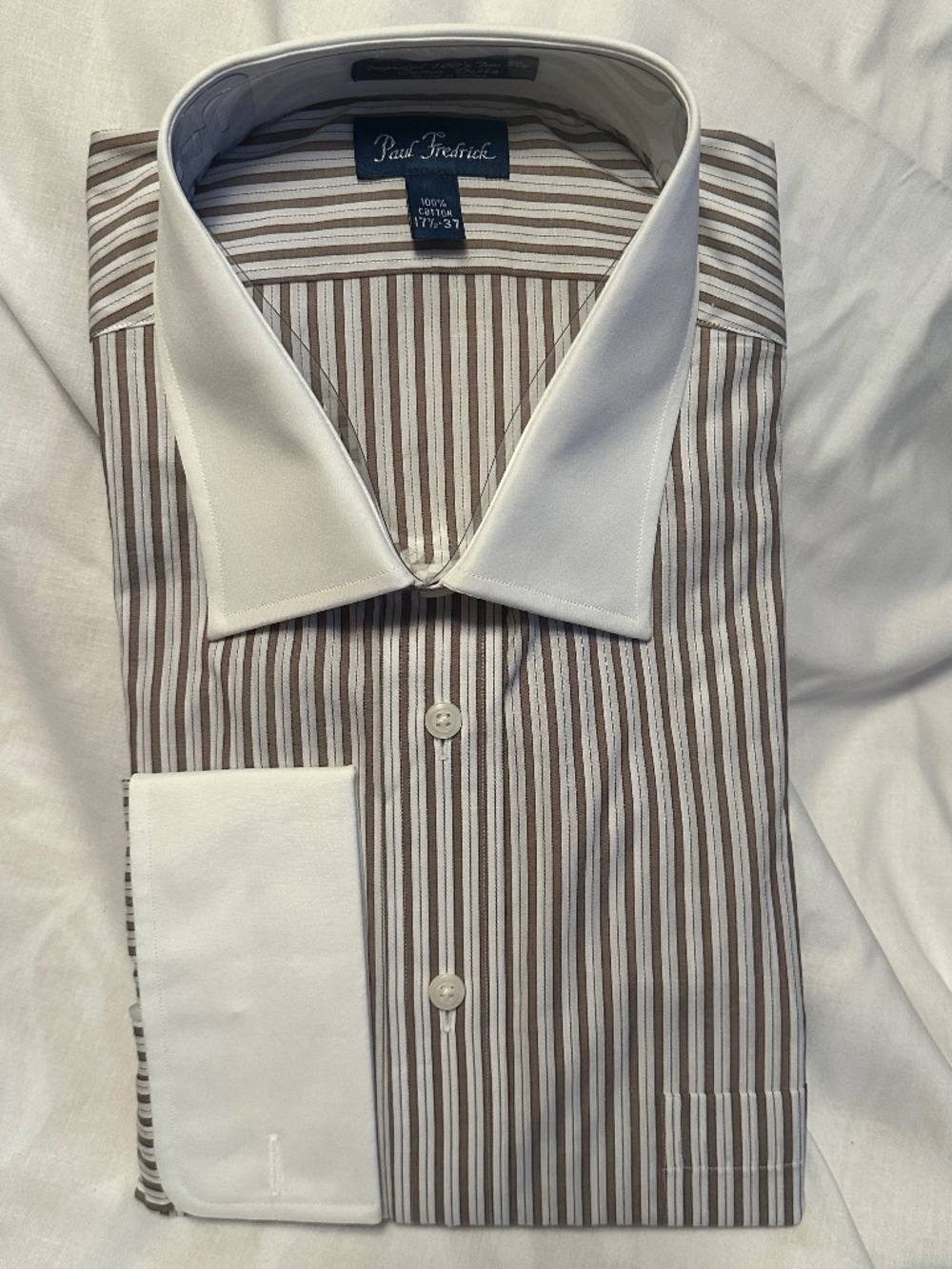 Paul Fredrick 17.5x37 brown/white stripes men's dress shirt